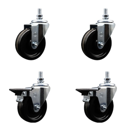 Service Caster 4 Inch Phenolic 12 Inch Threaded Stem Caster Set 2 Brakes SCC SCC-TS20S414-PHS-121315-2-PLB-2